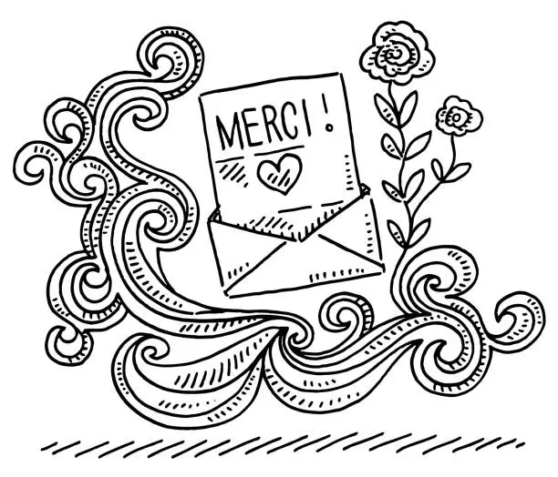 Vector illustration of Merci Letter Floral Decoration Drawing