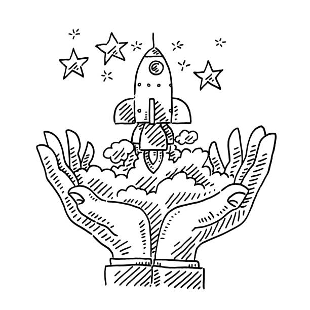 Rocket Start From Hands To The Stars Drawing Hand-drawn vector drawing of a Rocket Start From Hands To The Stars, Concept Image. Black-and-White sketch on a transparent background (.eps-file). Included files are EPS (v10) and Hi-Res JPG. rocketship clipart stock illustrations