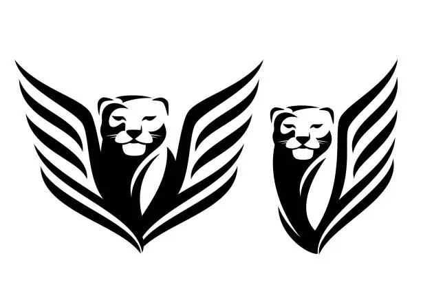 Vector illustration of winged panther head simple black and white vector design set