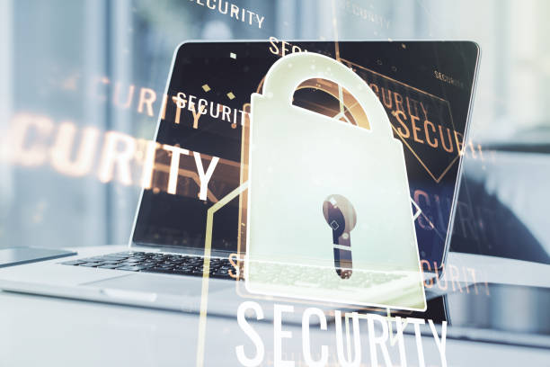 istock Creative idea concept with lock symbol and microcircuit illustration on modern laptop background. Protection and firewall concept. Multiexposure 1316474378