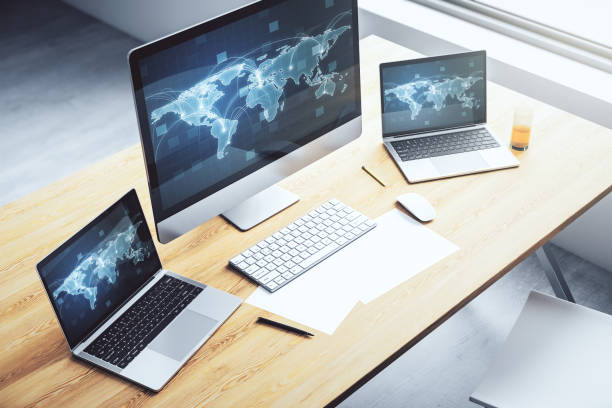 istock Computer monitor with abstract graphic digital world map with connections, globalization concept. 3D Rendering 1316474456