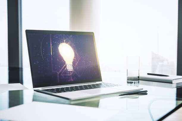 istock Creative light bulb illustration on modern computer monitor, future technology concept. 3D Rendering 1316474460