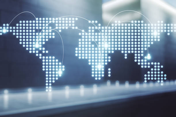 istock Abstract virtual world map with connections on blurry modern office building background, international trading concept. Multiexposure 1316474515