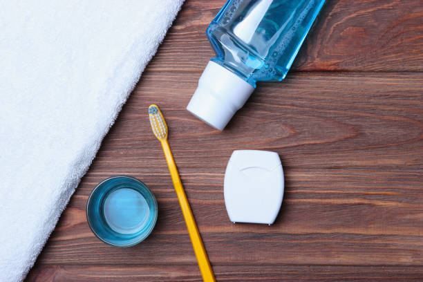 istock Flat composition for oral care and place for text on a light background. 1316474690