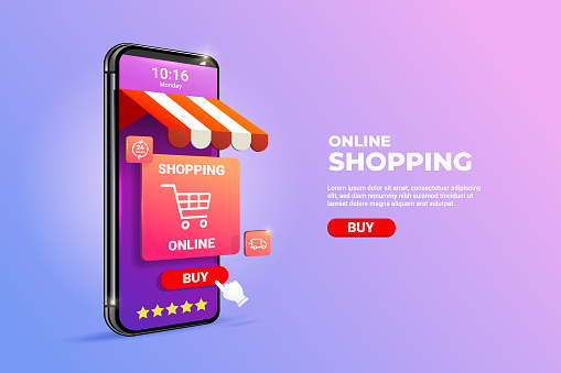 3D Online Shopping on Websites or Mobile Applications Concepts of Vector Marketing and Digital Marketing. with isometric smartphone design and perspective illustration. for online store promotion.