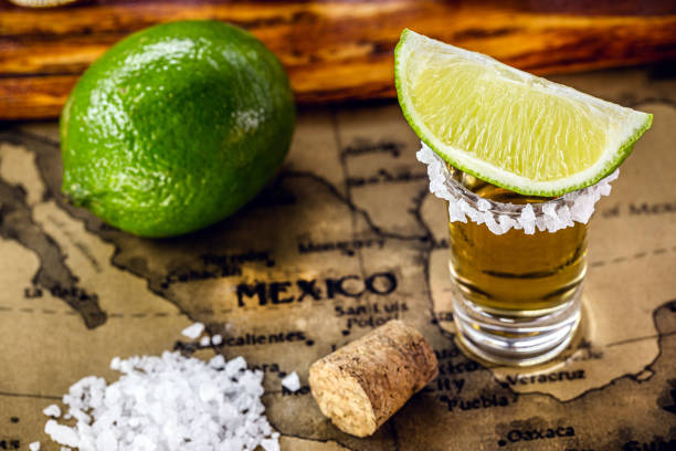 소금과 레몬과 함께 제공되는 황금 데킬라 의 안경, 브라질의 빈티지지도 위에 - tequila shot 뉴스 사진 이미지