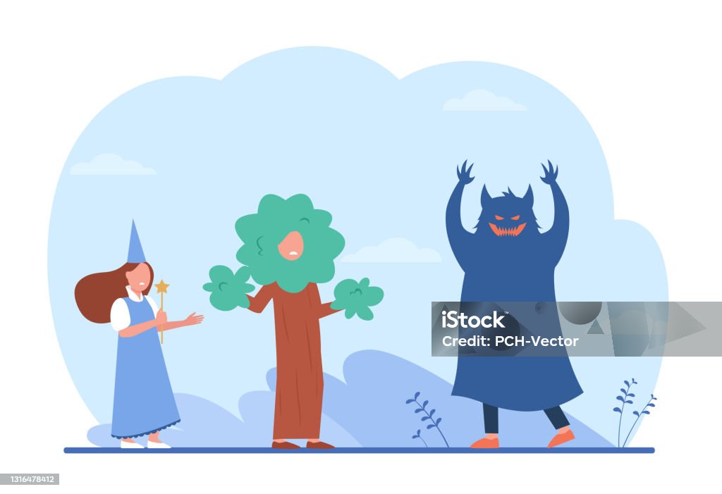 Children acting out fairytale Children acting out fairytale. Cartoon child in monster costume scaring kids dressed as wizard and tree flat vector illustration. Theatre, acting, talent show concept for banner, website design Theatrical Performance stock vector