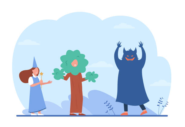 Children acting out fairytale Children acting out fairytale. Cartoon child in monster costume scaring kids dressed as wizard and tree flat vector illustration. Theatre, acting, talent show concept for banner, website design stage theater illustrations stock illustrations