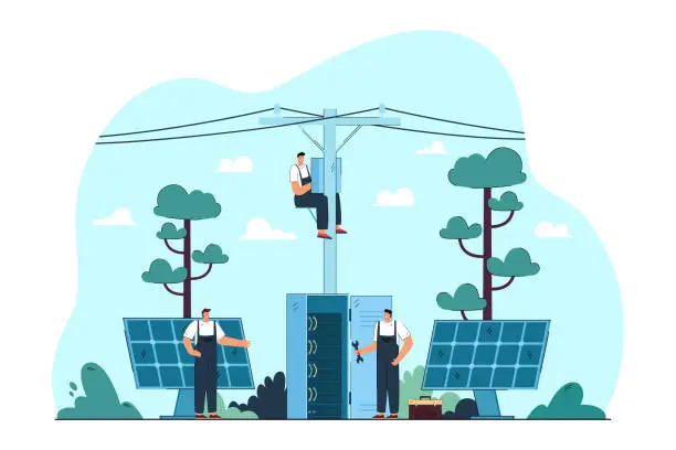 Vector illustration of Electricians repairing electrical and solar panels on streets