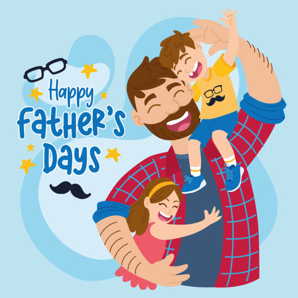 illustrations, cliparts, dessins animés et icônes de papa heureux avec le fils et la fille jour de père - fathers day