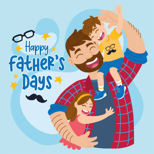 szczęśliwy tata z synem i córką dzień ojca - fathers day greeting card father child stock illustrations