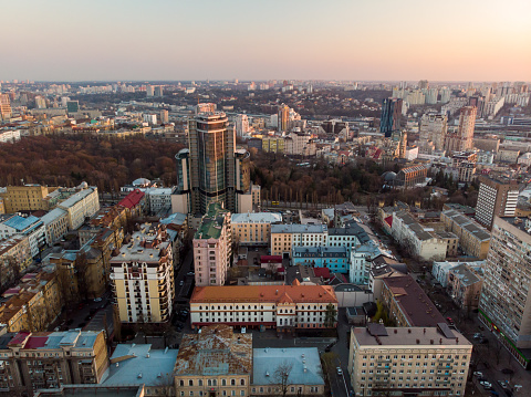 Sunset aerial view. Kyiv, Ukraine.