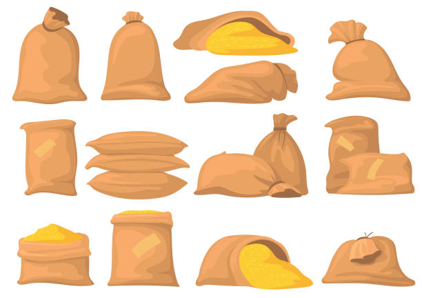 ilustrações de stock, clip art, desenhos animados e ícones de bags of flour, rice, wheat and sugar vector illustrations set - sack