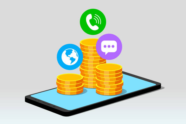 Phone and stacks of coins with symbols of internet, message and call Modern mobile phone and stacks of gold coins with symbols of internet, message and call, over gray background. Concept of subscription fee and service payments, smartphone expenses tariff stock illustrations
