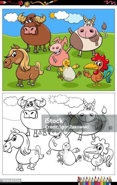 Ilustración de Personajes De Animales De Granja De Dibujos Animados Agrupan  Página De Libro Para Colorear y más Vectores Libres de Derechos de Ganado -  Animal doméstico - iStock