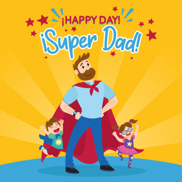 ilustrações, clipart, desenhos animados e ícones de super pai com filho e filha cartaz do dia do pai - fathers day greeting card father child