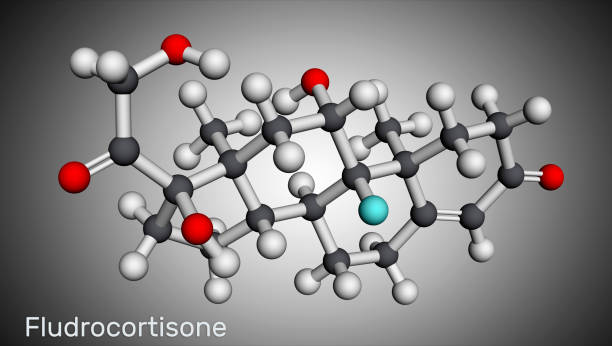 istock Fludrocortison, fluorocortisone molecule. It is synthetic corticosteroid with antiinflammatory and antiallergic properties. Molecular model. 3D rendering 1316483110