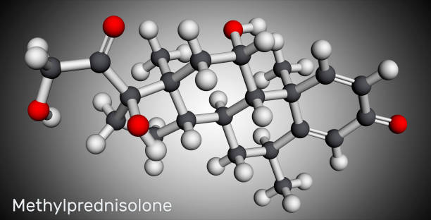 istock Methylprednisolone molecule. It is synthetic corticosteroid, prednisolone derivative glucocorticoid. Molecular model. 3D rendering 1316483120