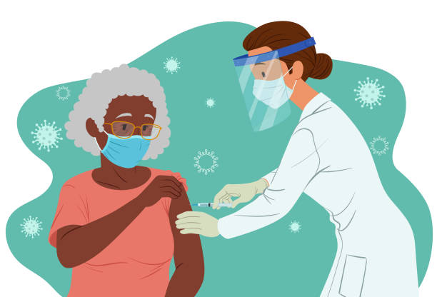 Vaccination in the elderly Healthcare professional wearing protective equipment injecting coronavirus vaccine into a seated elderly person. vacina stock illustrations