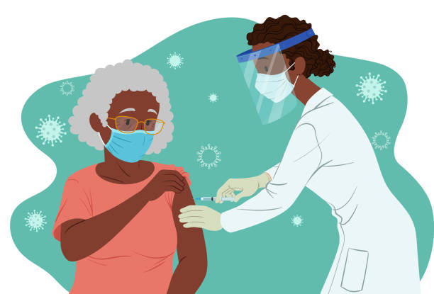Vaccination in the elderly Healthcare professional wearing protective equipment injecting coronavirus vaccine into a seated elderly person. vacina stock illustrations