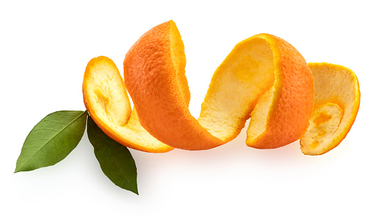 Orange fruit and half sliced with green leaf isolated on white background. Top view. Flat lay.