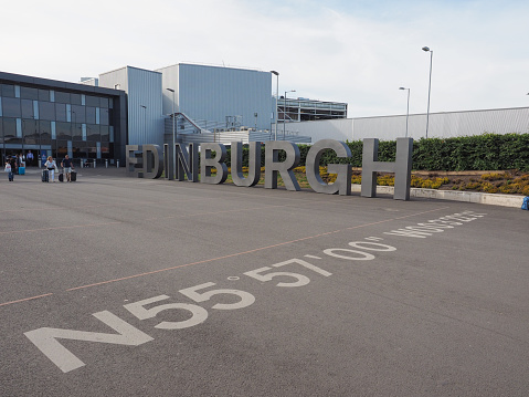Edinburgh, Uk - Circa June 2018: Edinburgh steel sign at Edinburgh Airport