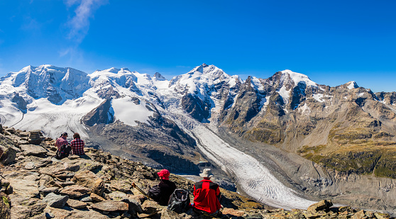 The panorama of Piz Bernina and Piz Roseg peaks.