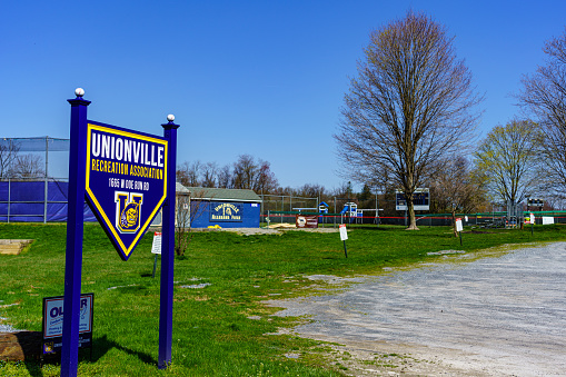 Unionville, PA, USA - April 6, 2021: The athletic and recreation field in the historic community of Unionville in southern Chester County, PA.