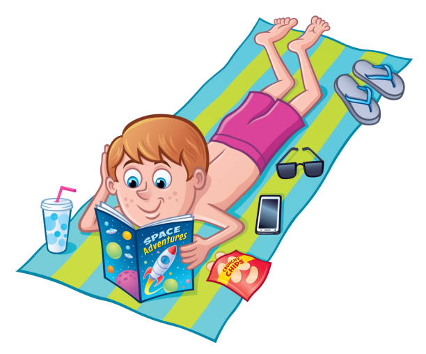 ilustrações, clipart, desenhos animados e ícones de menino lendo quadrinhos em uma toalha de praia - 2334