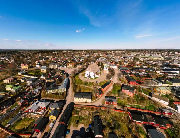 Aerial view of Old town of Porvoo in Finland in sunny day