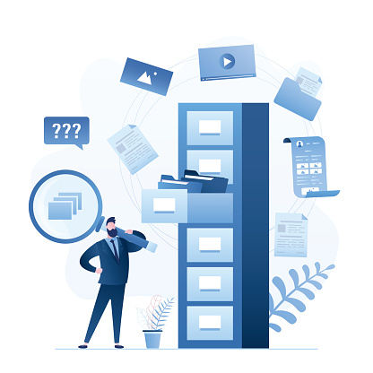 Quick files or media content search. Documents archiving and data storage. Businessman or clerk and large database. Hosting system and service. Male character in trendy style. Flat Vector illustration