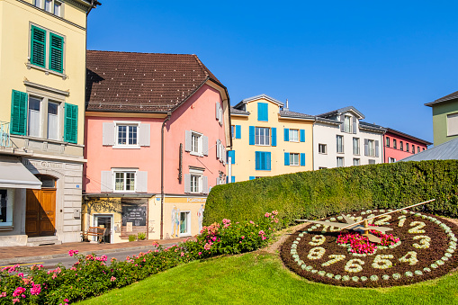 Pastel colored buildings in Bad Ragaz downtown, a trendy health resort since the end of the 19th century in the Swiss canton of St. Gallen.