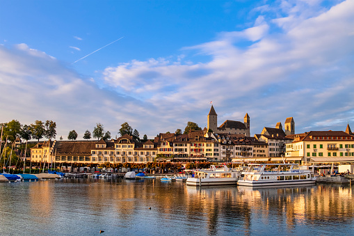 View of the historic town of Rapperswil, a beautiful town overlooking the Lake Zurich in the Swiss canton of St. Gallen.
