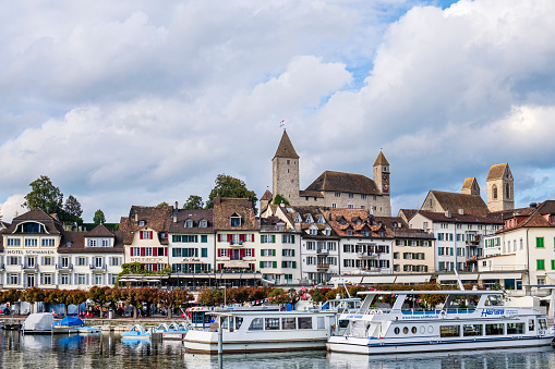 View of the historic core of Rapperswil, a beautiful town overlooking the Lake Zurich in the Swiss canton of St. Gallen.