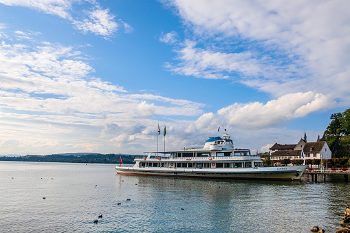 Ferry moored at the harbor of Rapperswil-Jona, a beautiful town overlooking the Lake Zurich in the Swiss canton of St. Gallen.