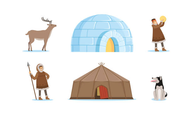 illustrazioni stock, clip art, cartoni animati e icone di tendenza di personaggi inuit in abbigliamento tradizionale e set vettoriale animali artici - igloo