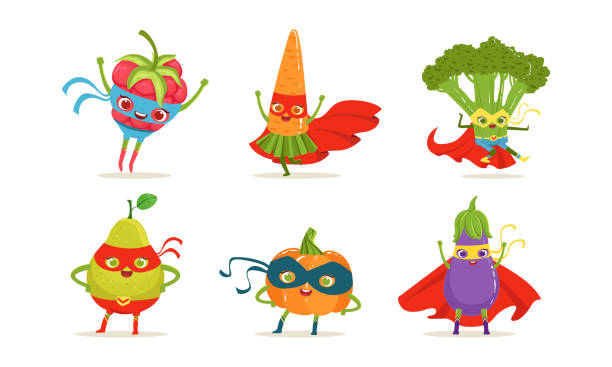 śmieszne owoce i warzywa w superhero płaszcz i maska vector set - antioxidant stock illustrations