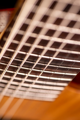part of the neck and body of an eight-string guitar.
