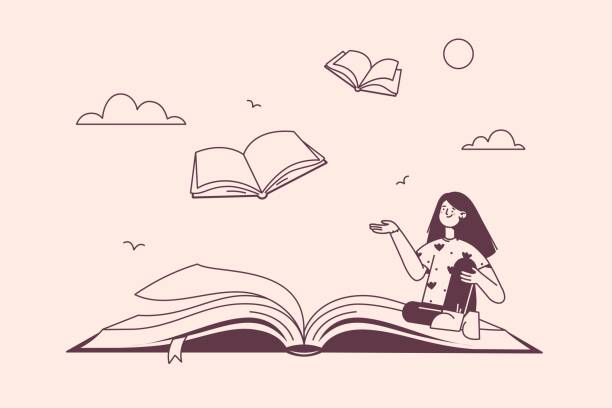ilustrações, clipart, desenhos animados e ícones de criatividade, novas ideias e conceito de mensagem dos principais livros - reading library book women