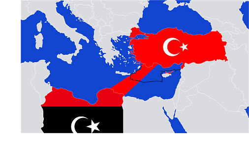 Turkey Libya map showing the continental shelf agreement. Diplomatic agreements made for natural gas exploration activities in Libya and Turkey.