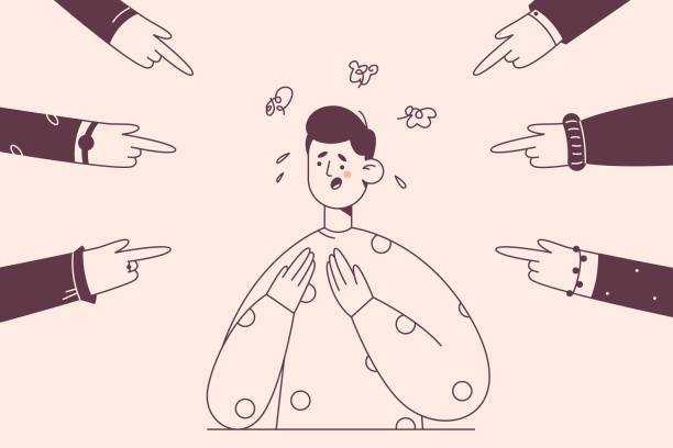 Manipulation, pressure, depression concept Manipulation, pressure, depression concept. Unhappy stressed scared man standing with negative human emotions feeling pressure and negative attitude from people pointing at him vector illustration pain points stock illustrations