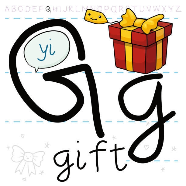 Birthday Present with Label Learning the Letter G of Alphabet Cute birthday present with smiling tag, learning the alphabet and practicing the letter 'G' pronunciation. g star stock illustrations