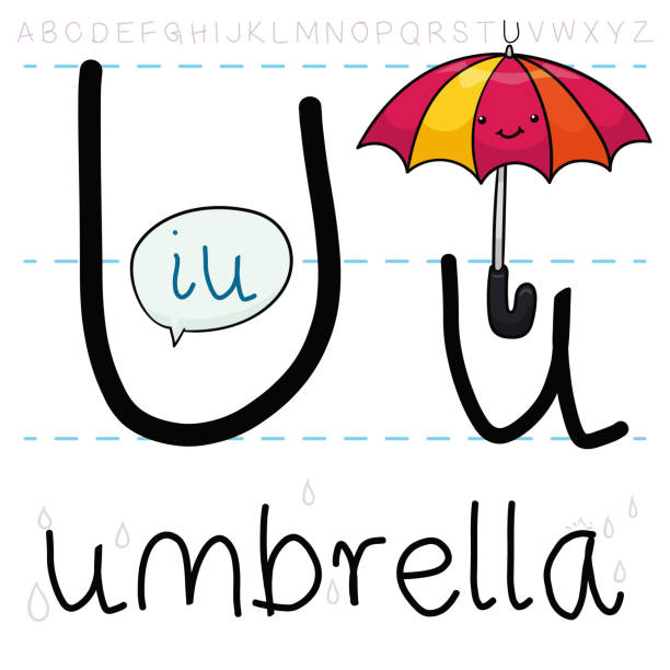 Open Umbrella Taking its Grammar Lesson Open, colorful and smiling umbrella learning about letter 'U' of the alphabet and its pronunciation. letter u with words stock illustrations