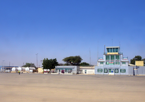 Hargeisa, Somaliland, Somalia: air side view of the main terminal, traffic control tower and apron area - Hargeisa Egal International Airport (IATA: HGA, ICAO: HCMH), a former British RAF military base.