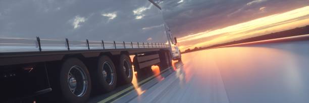 camión en la carretera, carretera. transportes, concepto logístico. renderizado 3d - freight transportation driving truck highway fotografías e imágenes de stock