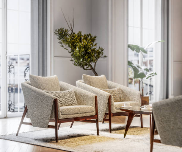 stylish armchairs in brightly lit living room - brightly lit imagens e fotografias de stock