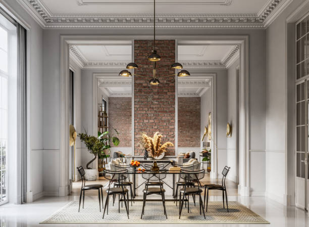 3d rendering of elegant interiors of a dining area - showcase interior imagens e fotografias de stock