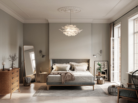3D rendering of small bedroom with natural light. Computer generated image of elegant bedroom interiors with double bed, side cabinet and mirror on side.