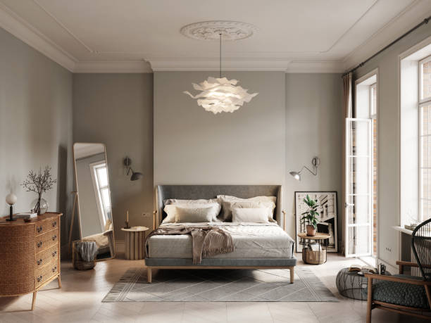 3D rendering of small bedroom 3D rendering of small bedroom with natural light. Computer generated image of elegant bedroom interiors with double bed, side cabinet and mirror on side. bed decoration stock pictures, royalty-free photos & images
