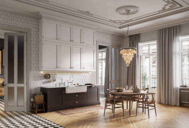 Digitally generated modern kitchen interior design Digitally generated modern kitchen interior design. 3d rendering of a spacious kitchen with small dining table and chandelier. domestic kitchen cabinet elegance showcase interior stock pictures, royalty-free photos & images